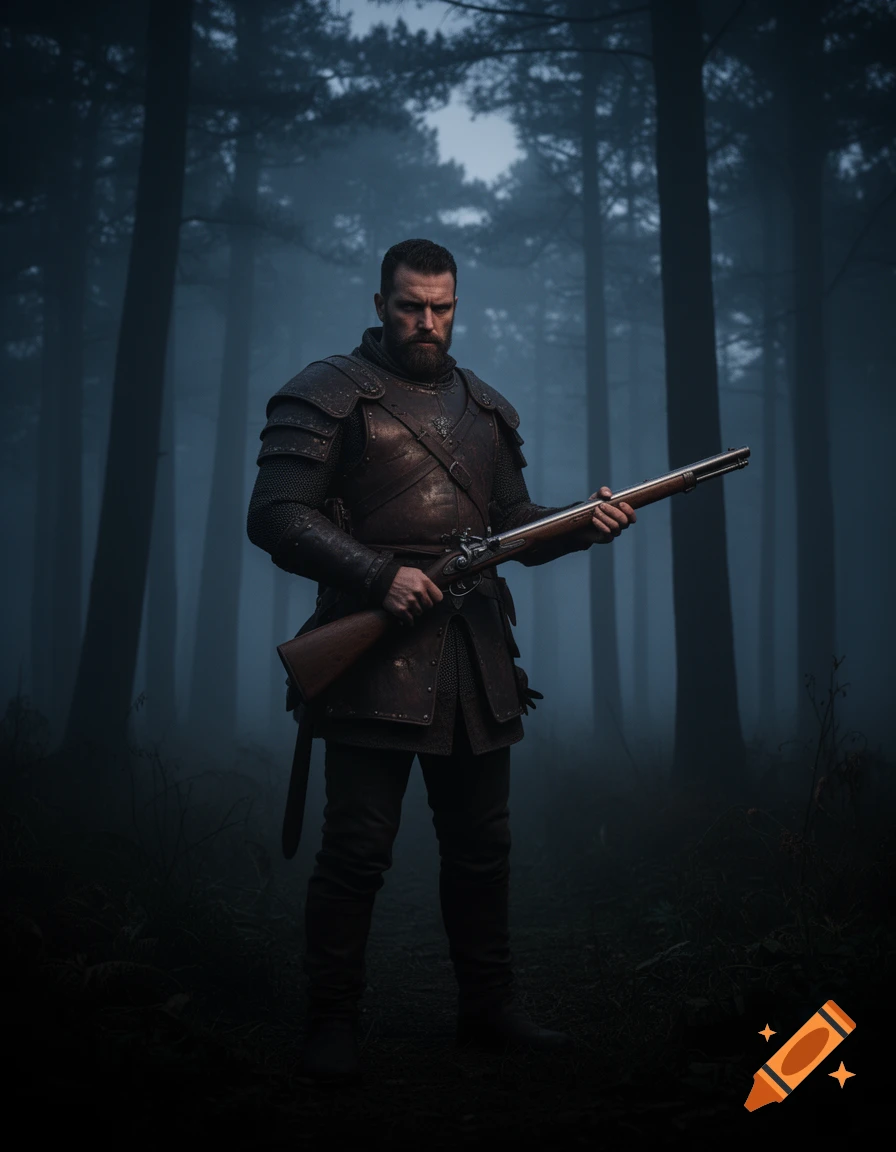 A grim medieval hunter in leather armor holds an old rifle in a misty, dark forest, dark fantasy style.