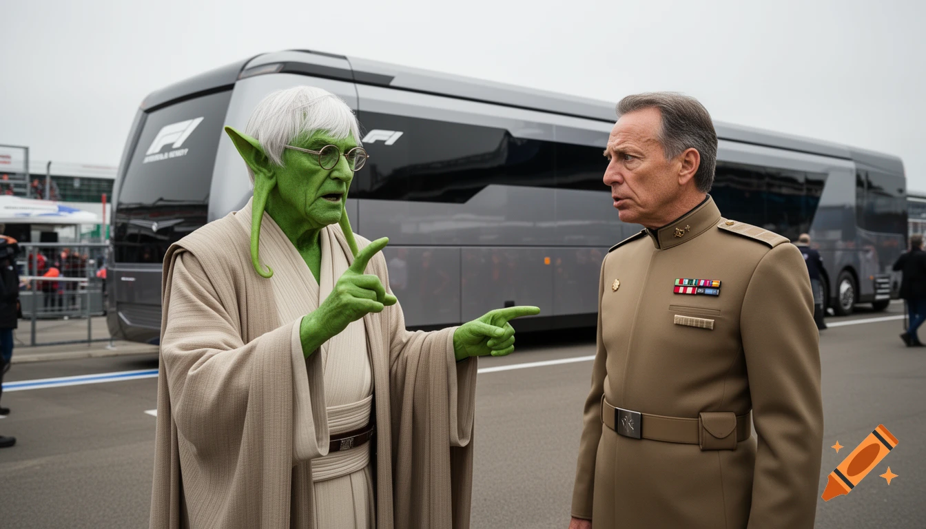 A green-skinned man in a Jedi robe talks and points to a man in a military uniform in an F1 paddock, with a large bus behind them.