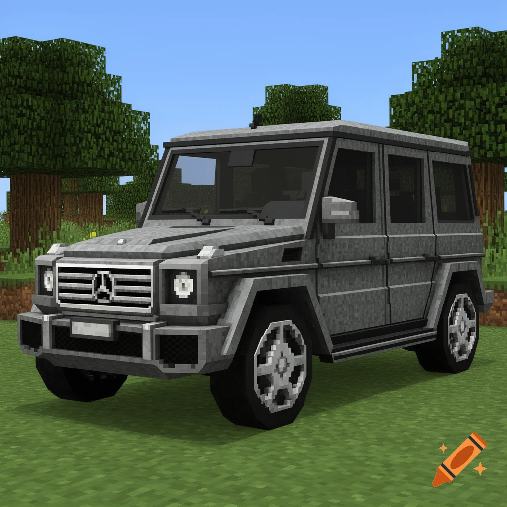 Pixelated gray Mercedes G-Class SUV on green block terrain with trees under a blue sky.