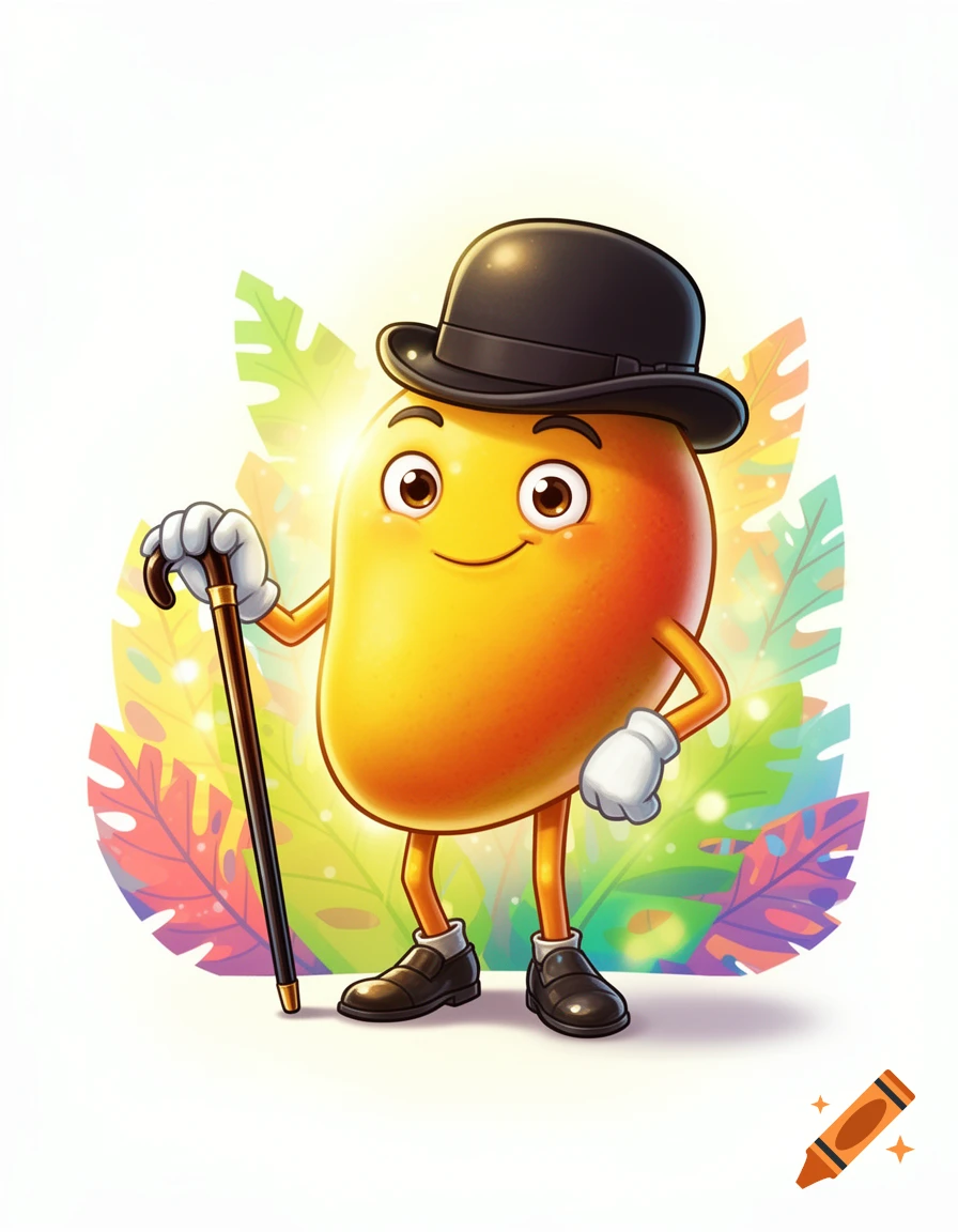 A friendly, anthropomorphic cartoon mango character wearing a bowler hat and holding a cane, with colorful tropical leaves in the background.
