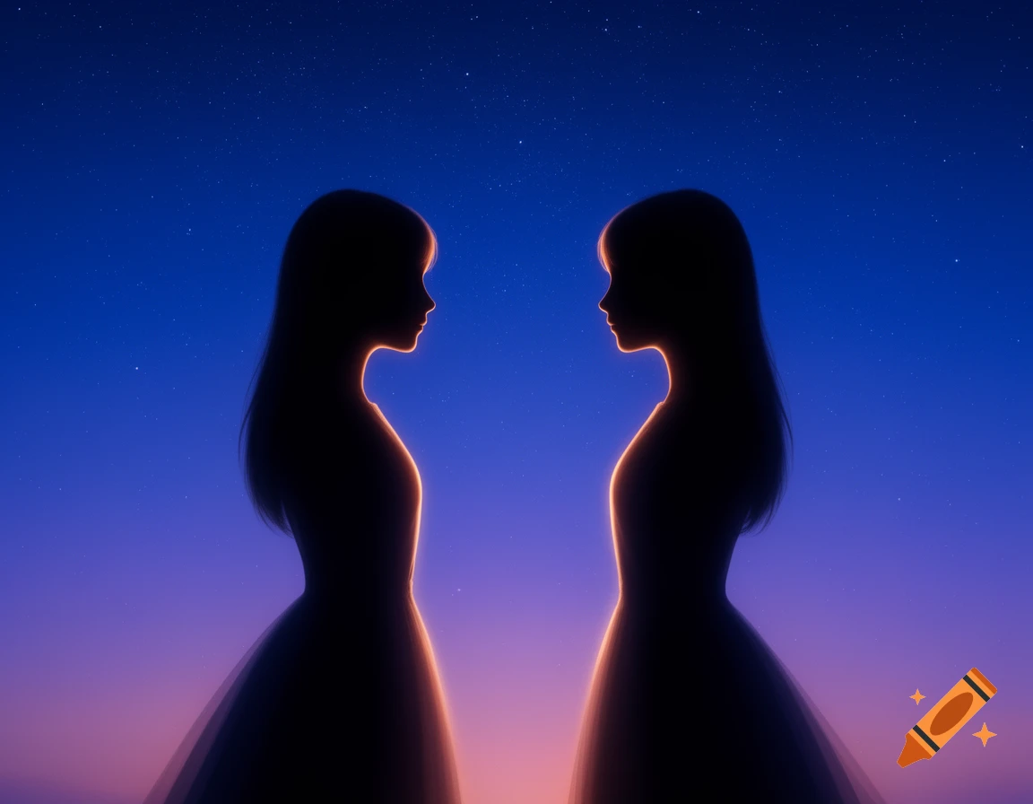 Two female silhouettes face each other against a deep blue and purple gradient night sky filled with stars.