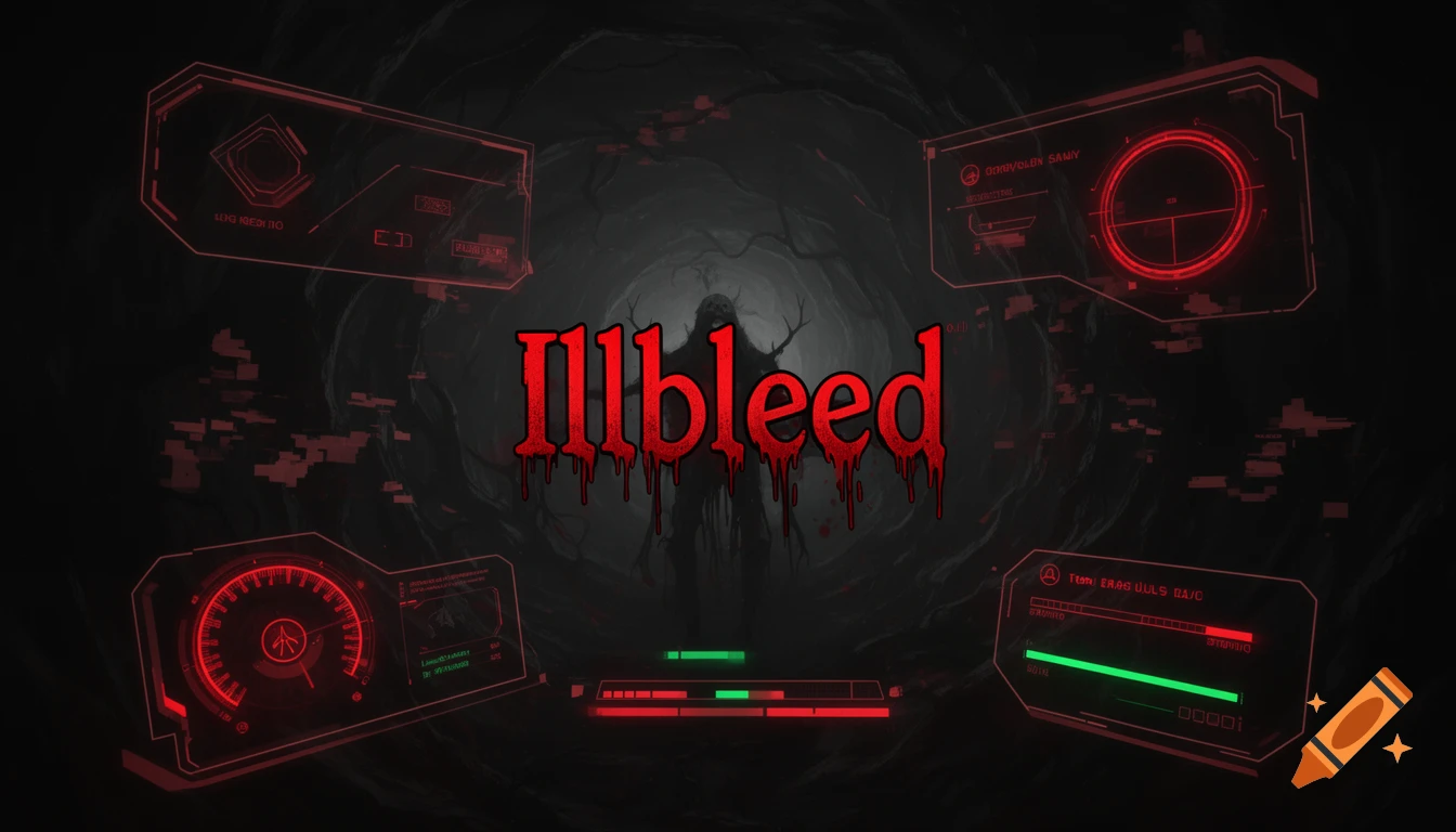 A dark, eerie scene with a shadowy, antlered figure and red virtual reality HUD elements, featuring the dripping red title 'Illbleed'.