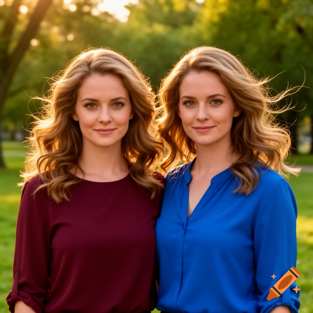 Two identical women with long wavy hair stand side-by-side in a sunny park with golden hour lighting.