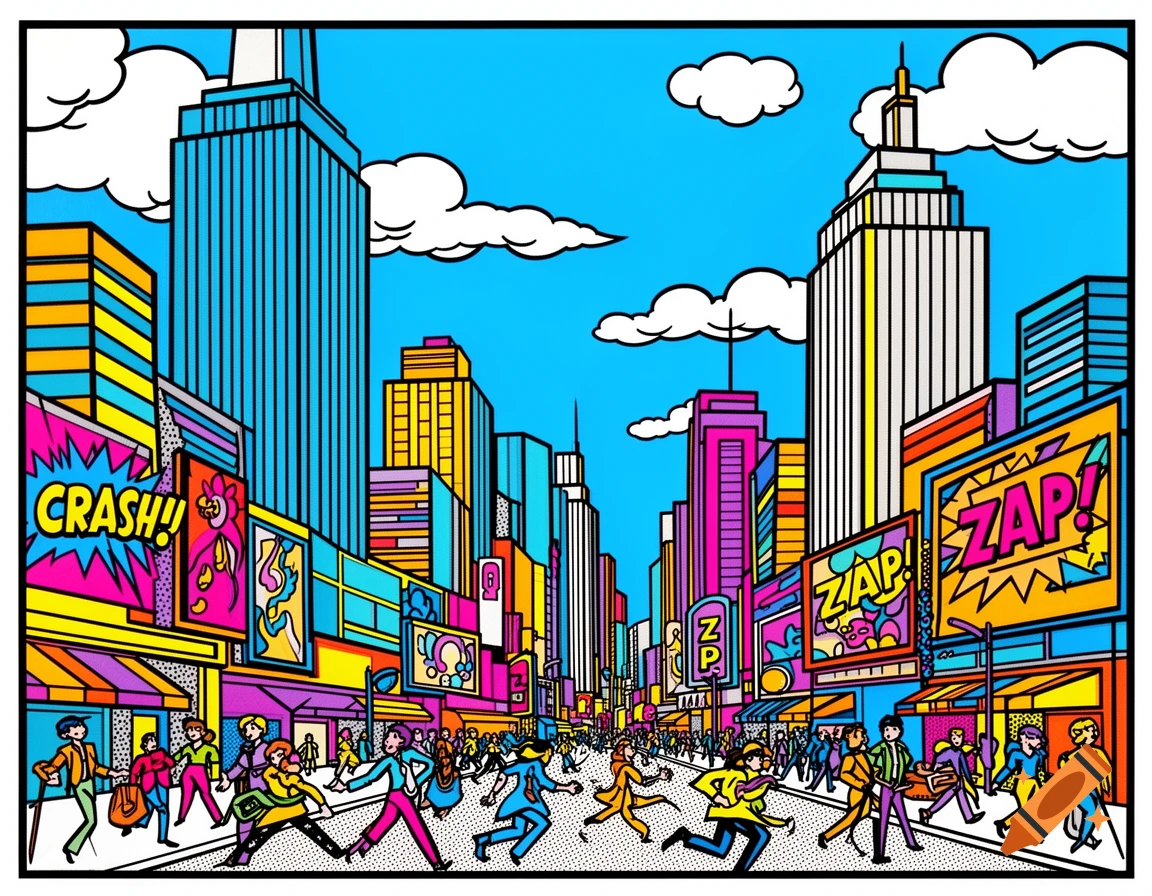 A vibrant pop art cityscape with colorful buildings, crowded streets, and comic book sound effects 'CRASH!!' and 'ZAP!'.