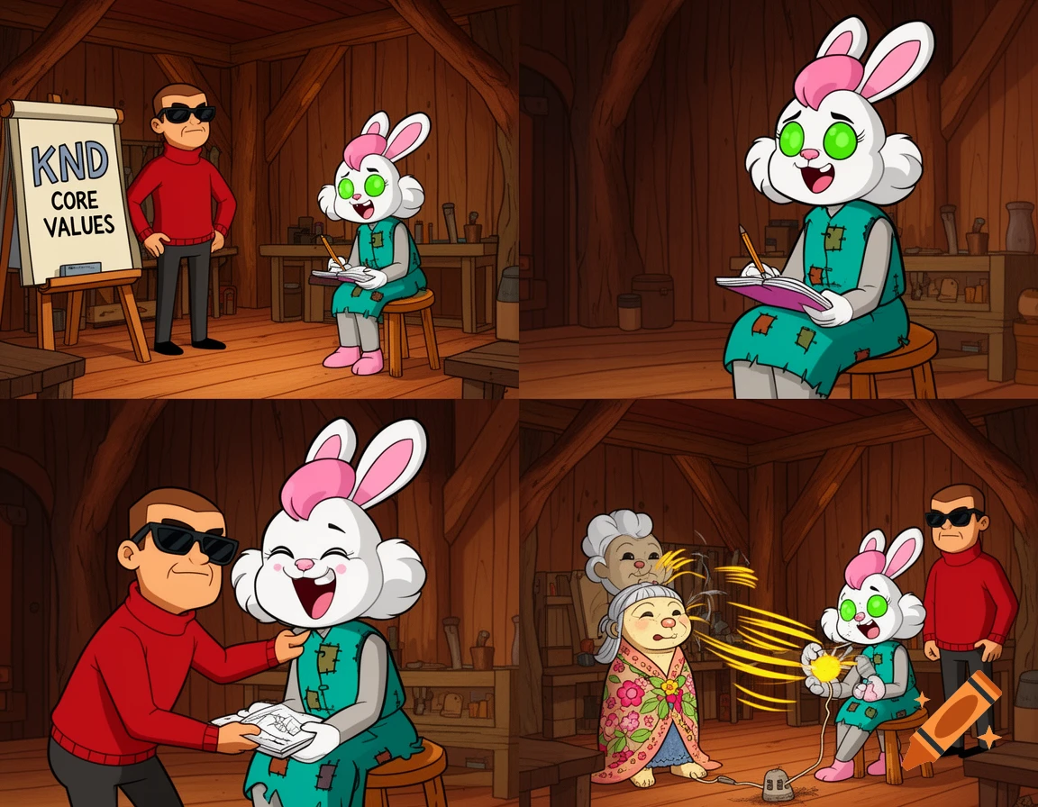 A four-panel KND-style cartoon. Numbuh 1 teaches a rabbit on an easel, then tickles her, and she zaps a doll and a glowing device.