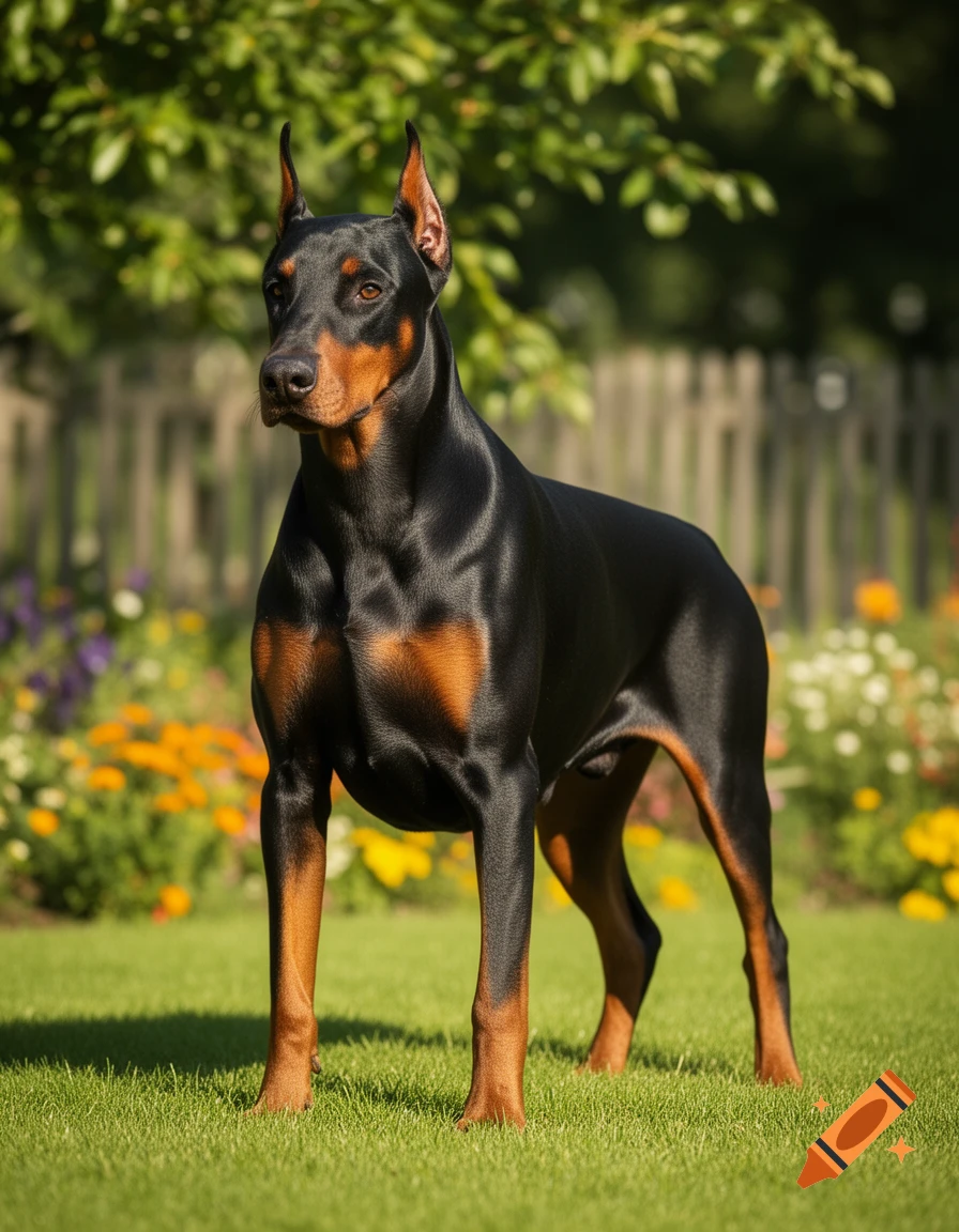 A majestic black and tan Doberman Pinscher stands alert on vibrant green grass in a sunny garden.