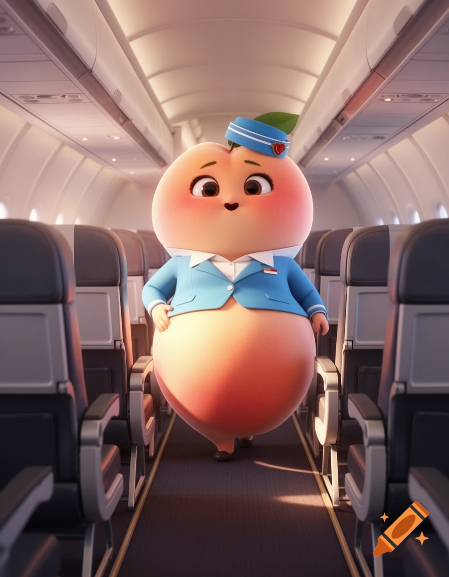 A 3D animated, plump peach character in a stewardess uniform walks down an airplane aisle in Pixar style.