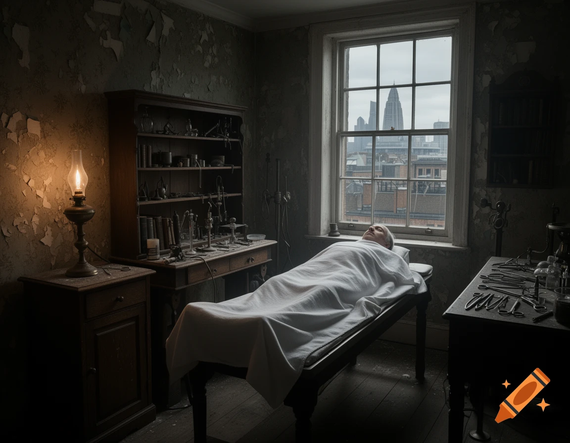 A sheet-covered patient lies on an operating table in a dimly lit, dilapidated Victorian room with medical tools and a modern cityscape visible through the window.