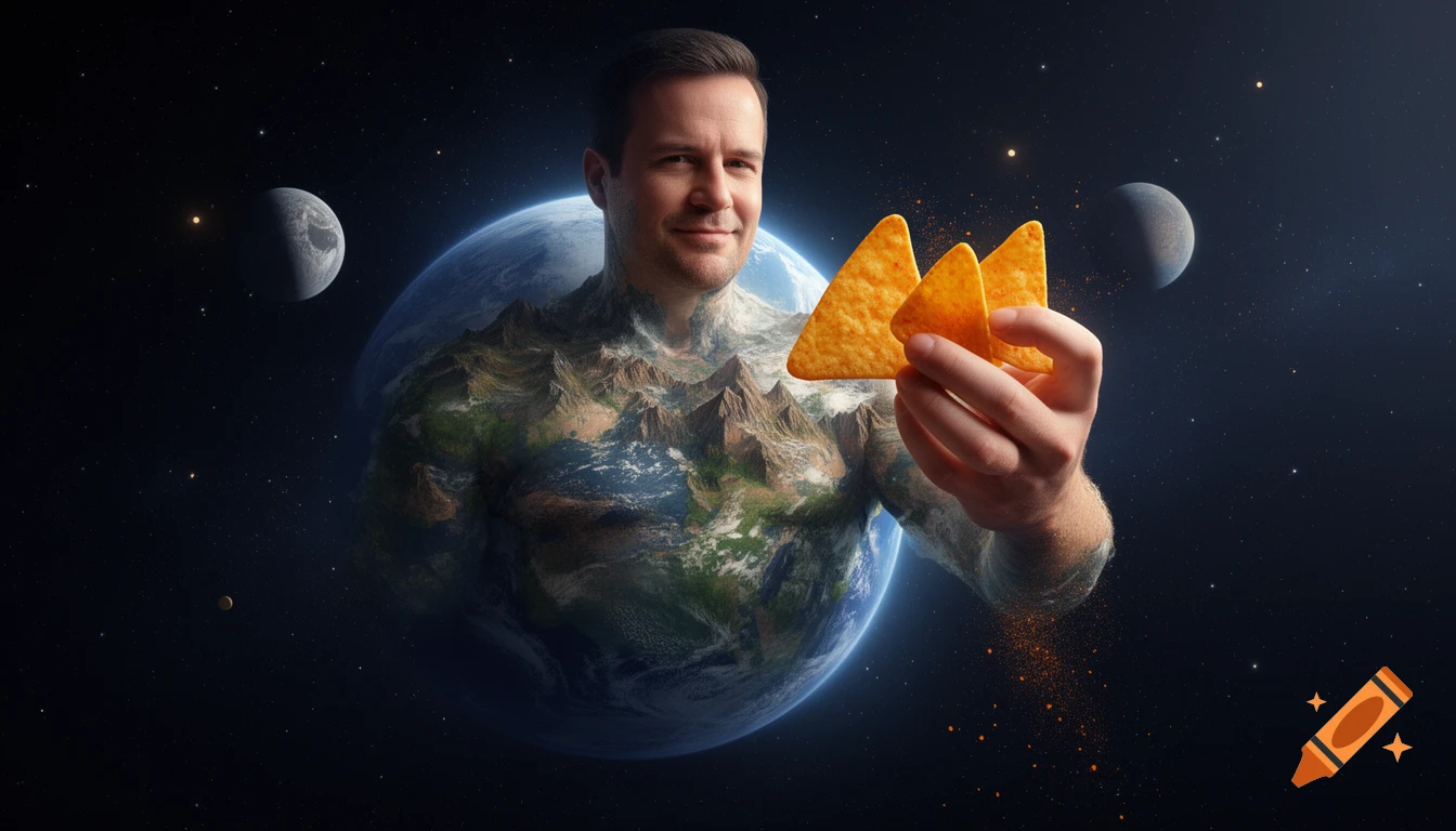 A man with an Earth-shaped body holding triangular chips in outer space, surrounded by moons and stars.