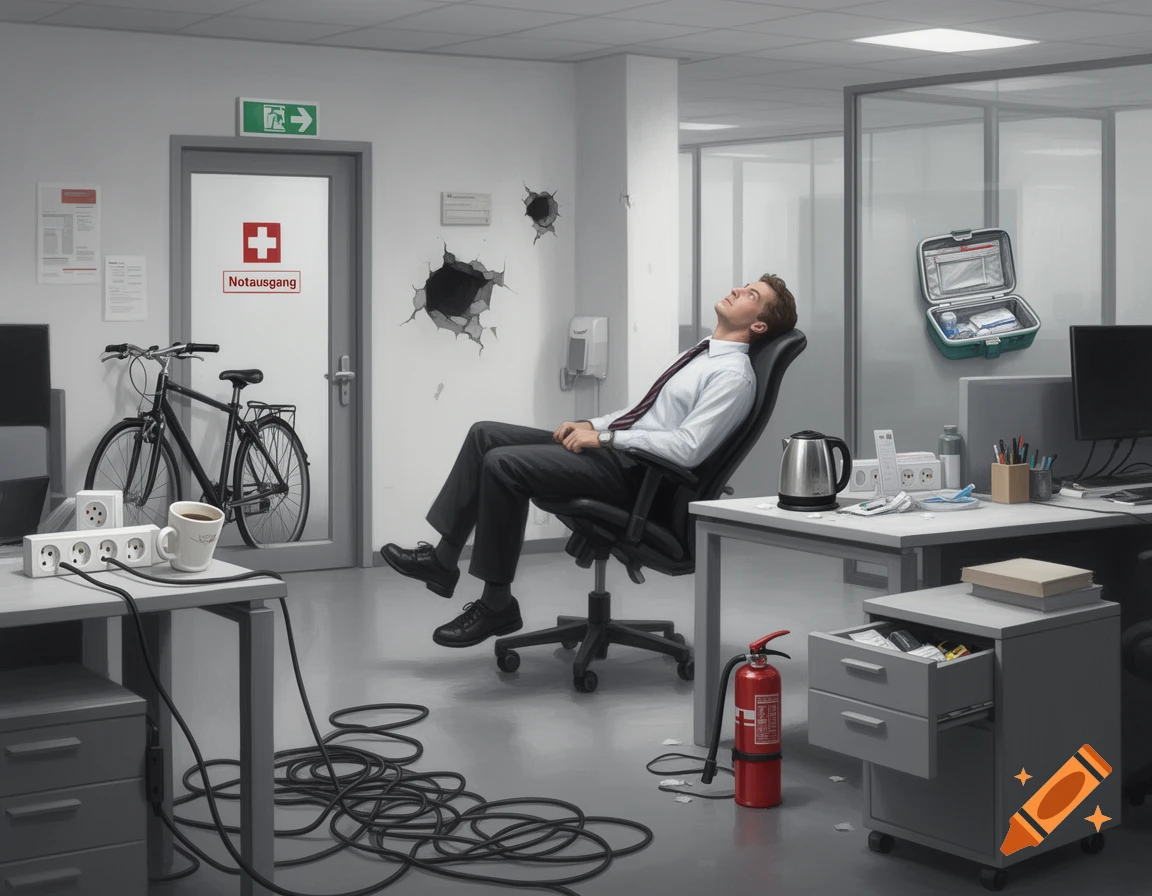 A man reclines precariously in an office chair in a chaotic office filled with safety hazards like tangled cables, an obstructed exit, and open drawers.