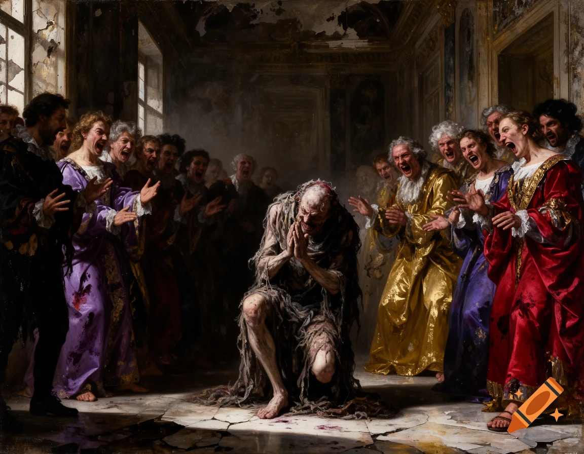 A gaunt, ragged figure kneels in prayer, surrounded by a jeering mob in opulent attire, in a dimly lit, decaying palace hall, in an expressionist art style.