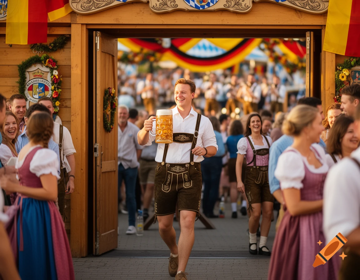 A smiling man in lederhosen steps out of a crowded beer tent, holding a liter of beer. Other people in traditional German attire are around him.