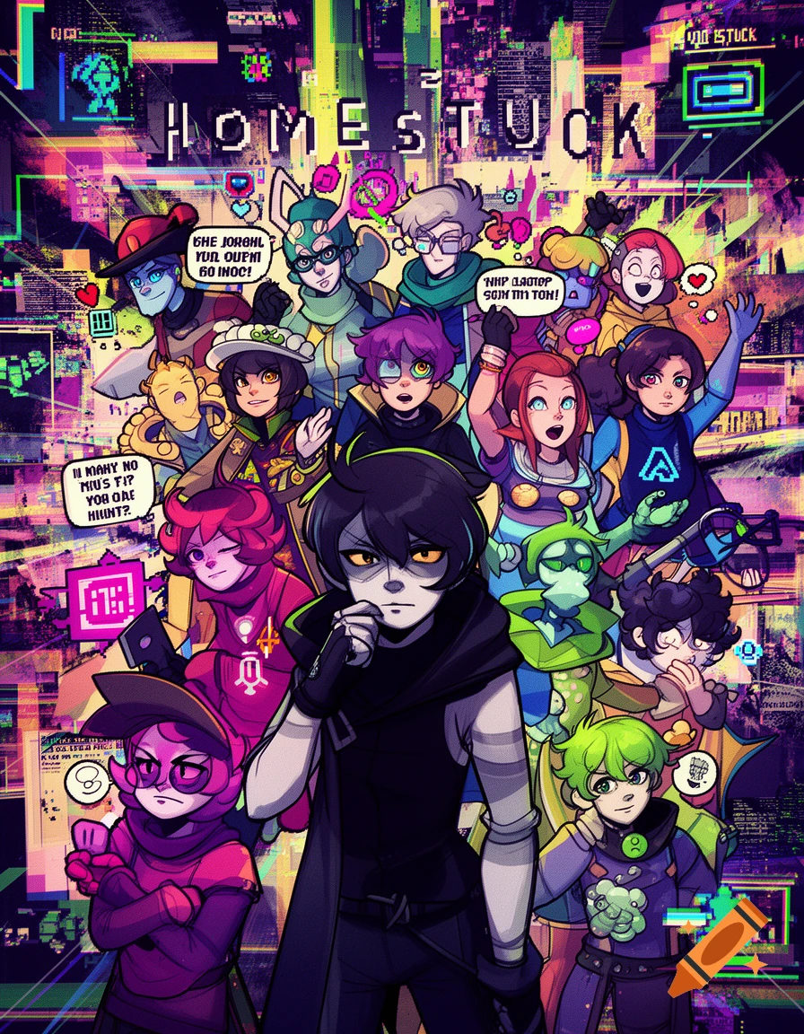 A group of colorful, stylized anime characters from Homestuck stand together in a vibrant, glitch-art inspired cityscape. Prominent title "HOMESTUCK" above.