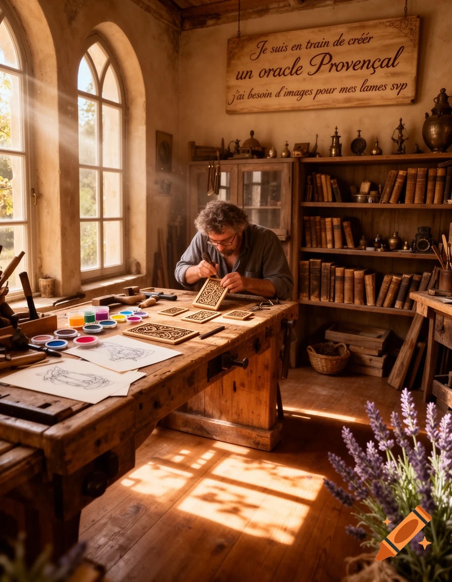 A man with glasses carves a decorative piece of wood in a sunlit rustic workshop filled with tools, books, and art supplies. Photorealistic.