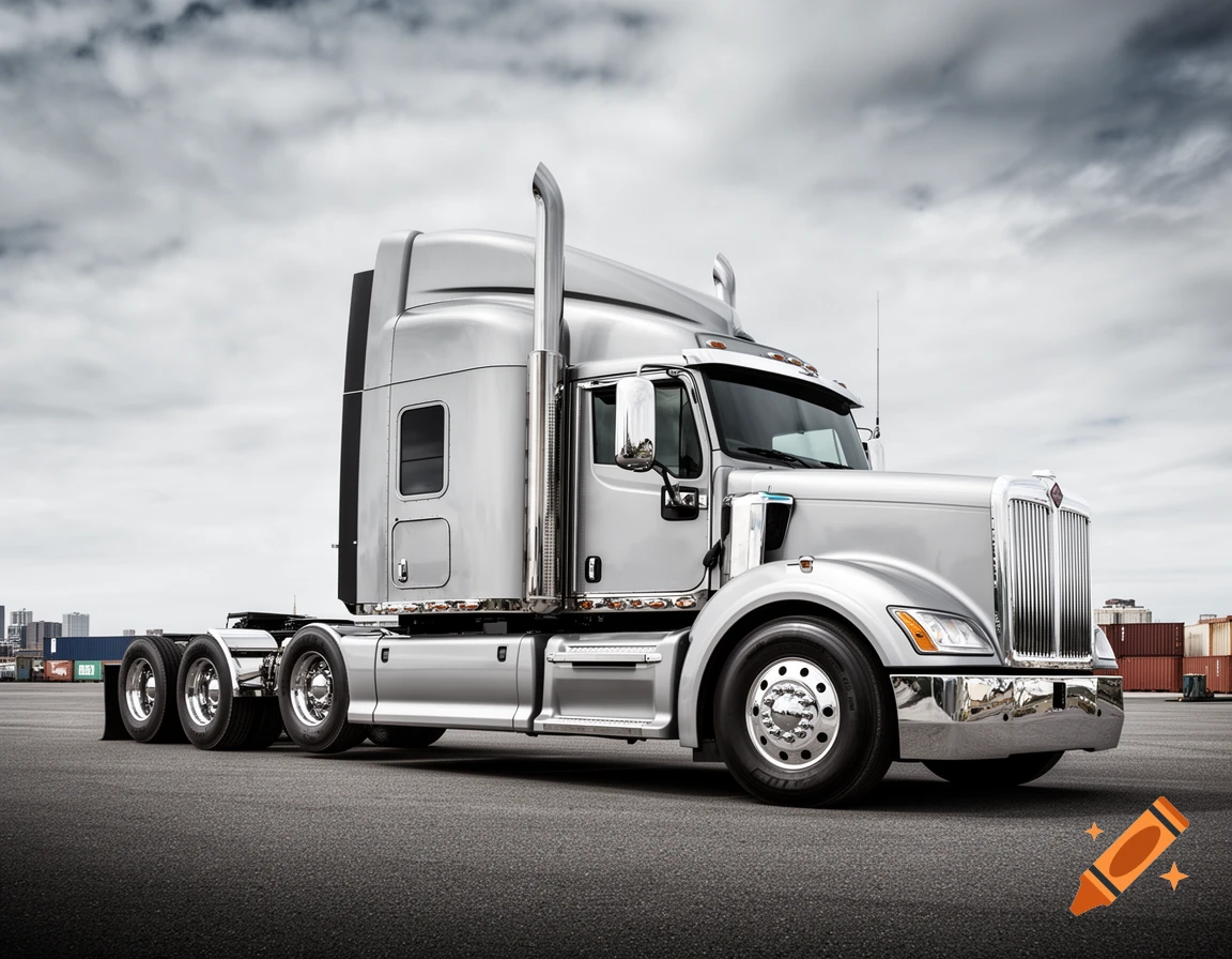 A sleek, silver semi-truck is parked on an asphalt lot under a dramatic cloudy sky, with industrial containers in the distance.
