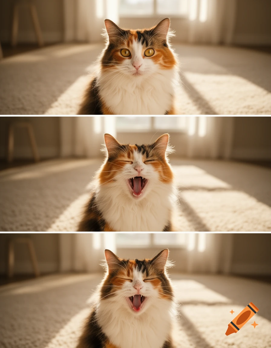 Three panels show a calico cat: alert with closed mouth, and two panels with eyes closed, mouth open in a yawn.