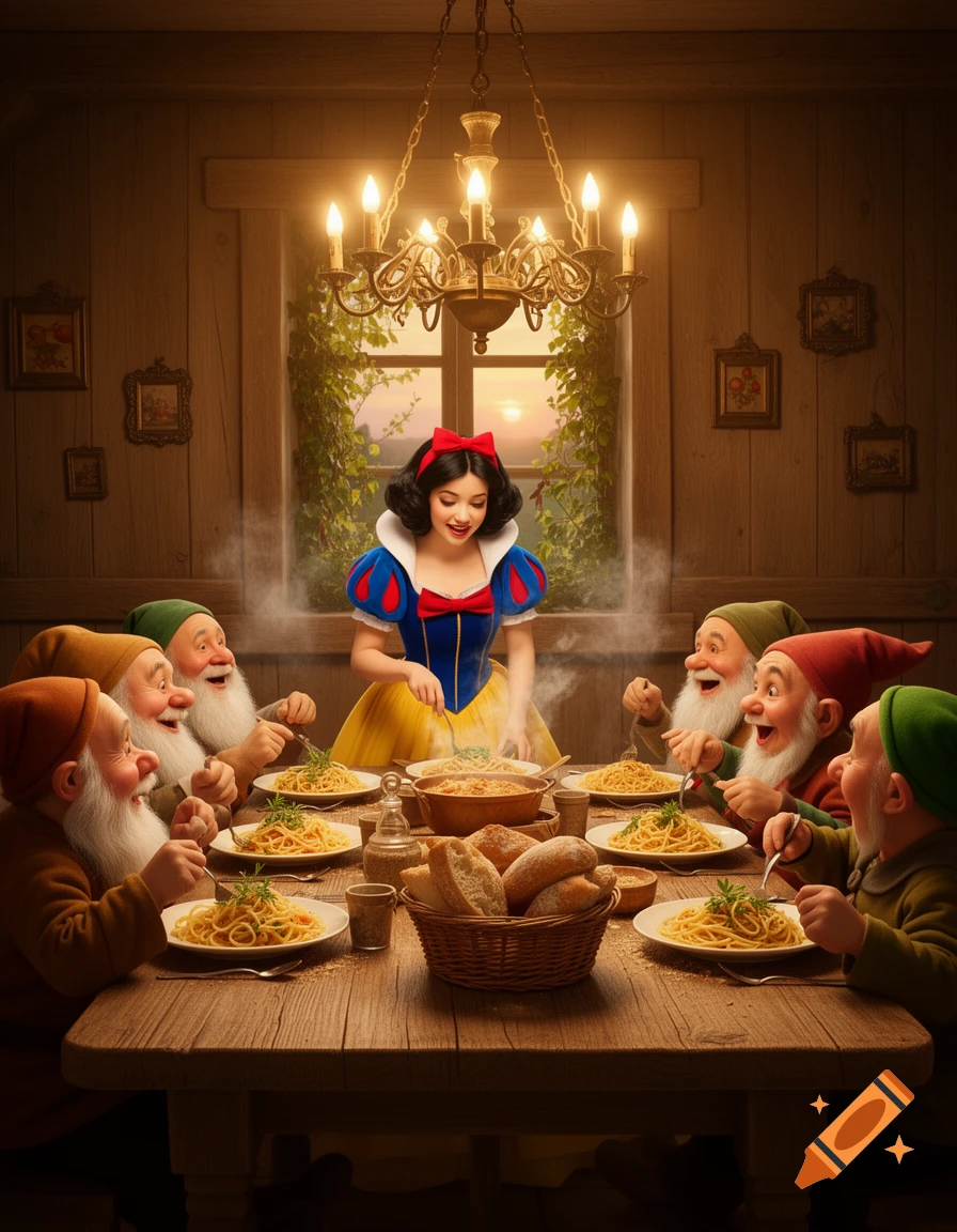 Snow White serves steaming pasta to the Seven Dwarfs, who are cheerfully eating at a rustic wooden table with a sunset visible through a window.
