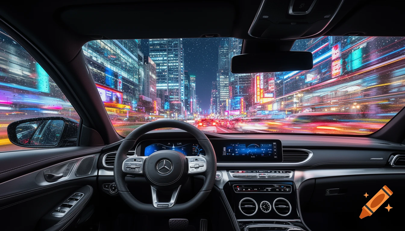View from inside a Mercedes-Benz car, looking out at a vibrant, blur-streaked city street at night with neon lights.
