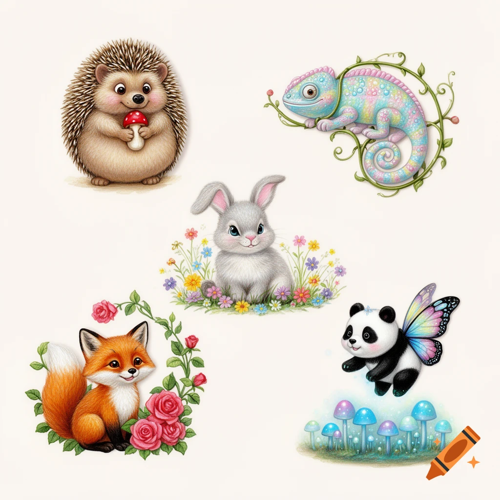 Five cute stylized illustrations of a hedgehog, chameleon, rabbit, fox, and butterfly-winged panda, each with floral elements.