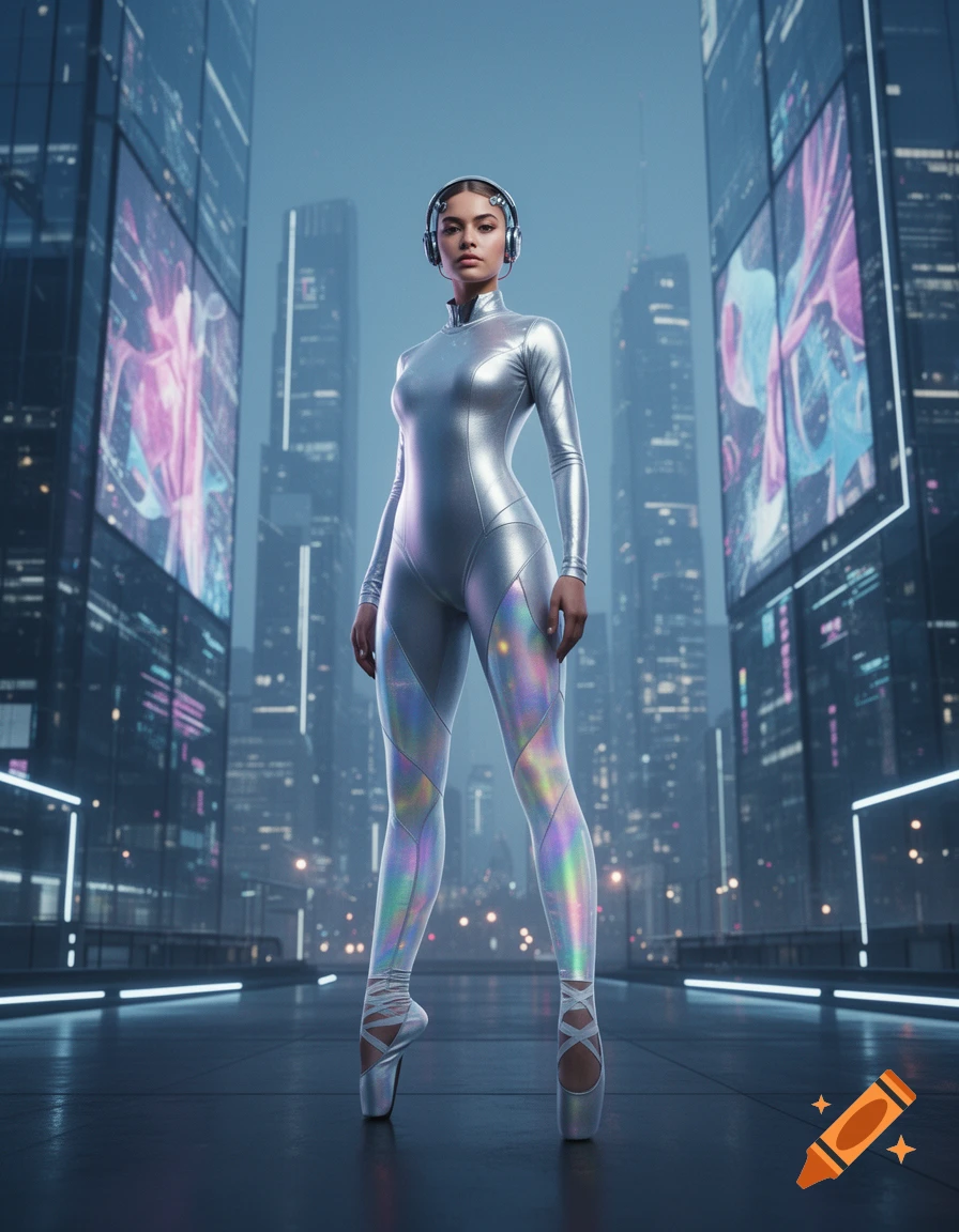 A woman in a silver iridescent futuristic suit and pointe shoes stands in a cyberpunk city.