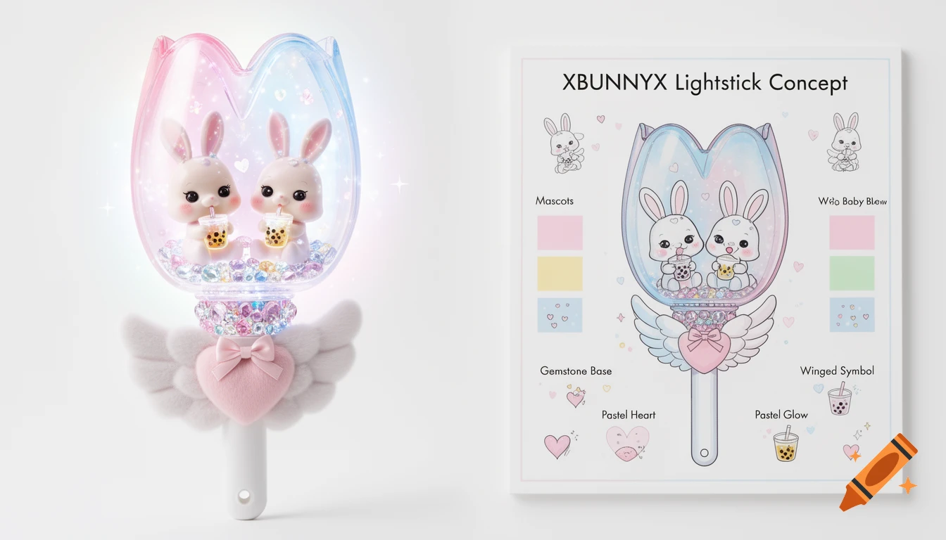 Photorealistic K-pop lightstick with two baby bunnies holding bubble tea inside, displayed alongside a concept plan board.
