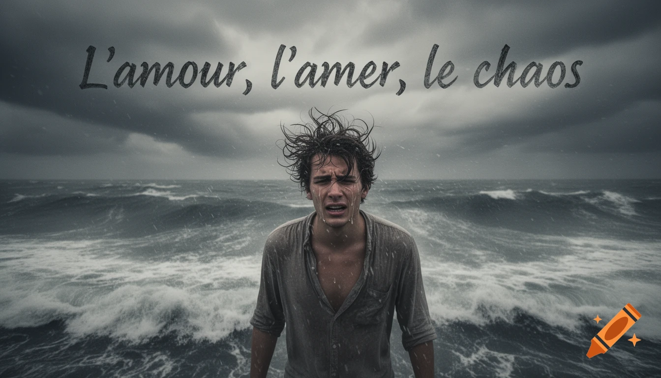 A distressed young man with wet hair stands in a stormy ocean under a dark sky, with 'L'amour, l'amer, le chaos' text.