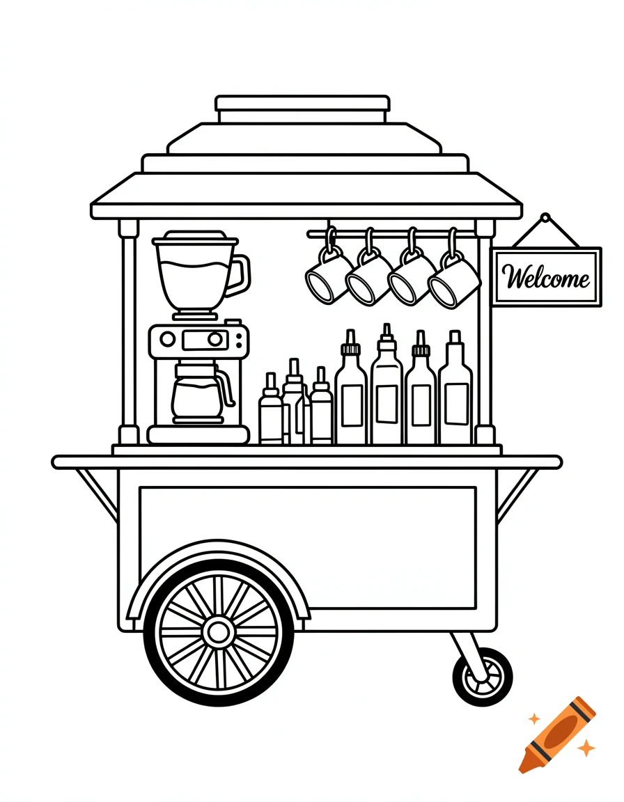 A black and white line art coloring page of a vintage coffee cart with a coffee maker, syrups, hanging mugs, and a 'Welcome' sign.