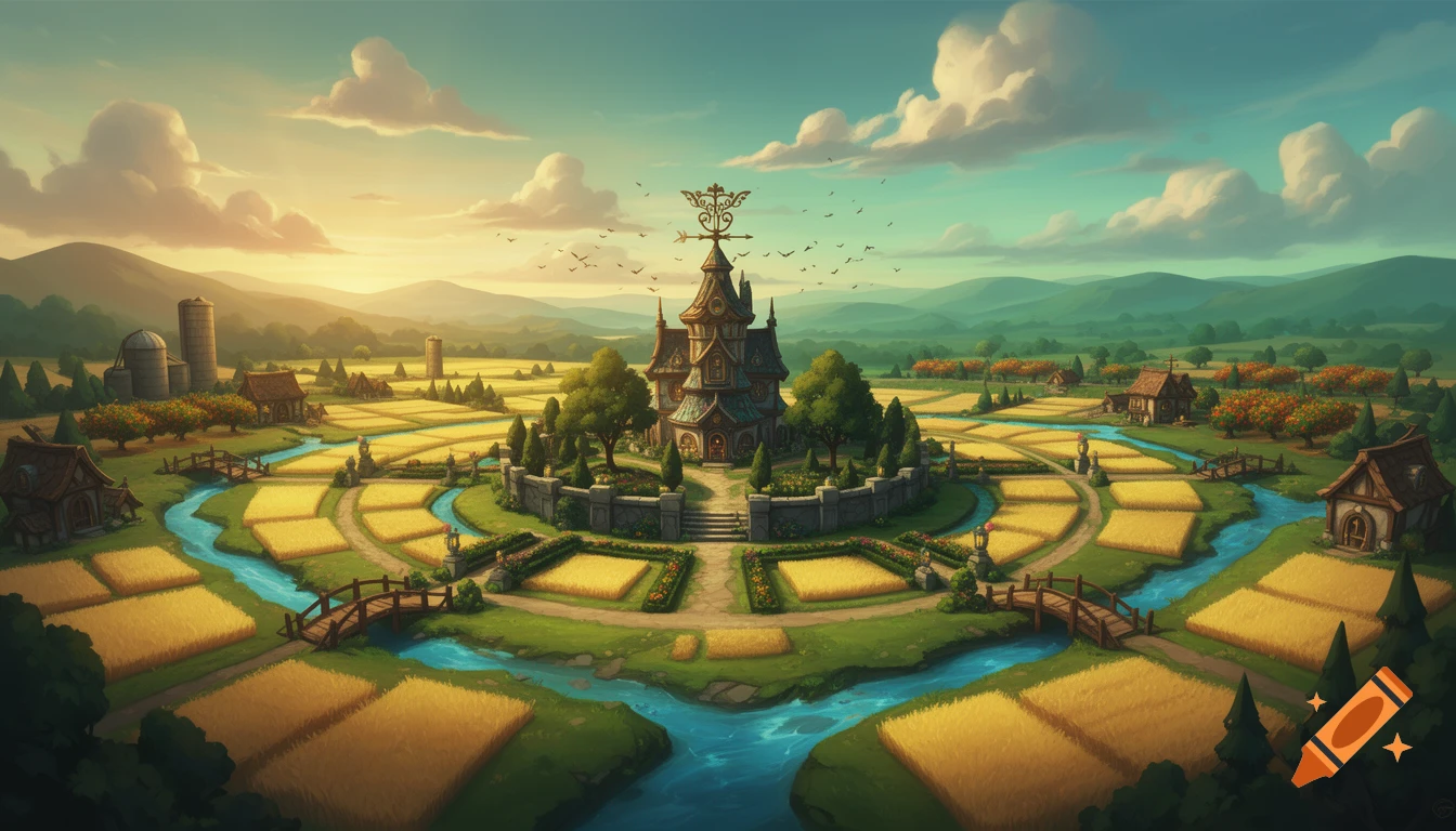 A whimsical manor house in golden farmlands with a river and villages, rendered in a detailed game map illustration style.