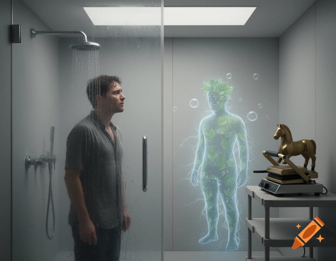 A man in a shower looks at a glowing, leaf-covered humanoid figure in a modern bathroom, with a golden horse on a panini press nearby.