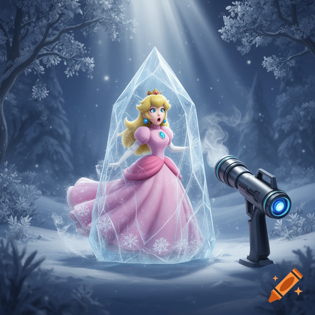 Princess Peach trapped inside an ice crystal in a snowy forest, with a freeze ray gun smoking nearby.
