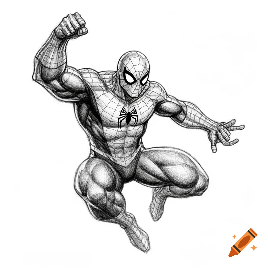 Muscular Spider-Man in a dynamic, mid-air superhero landing pose, rendered as a detailed pencil sketch with cross-hatching shading.