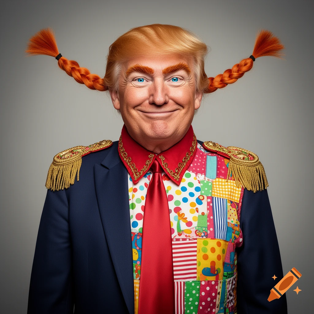Photorealistic portrait of Donald Trump with red braided pigtails, wearing a blue suit, red collar, red tie, and a colorful patchwork shirt, smiling at the viewer.