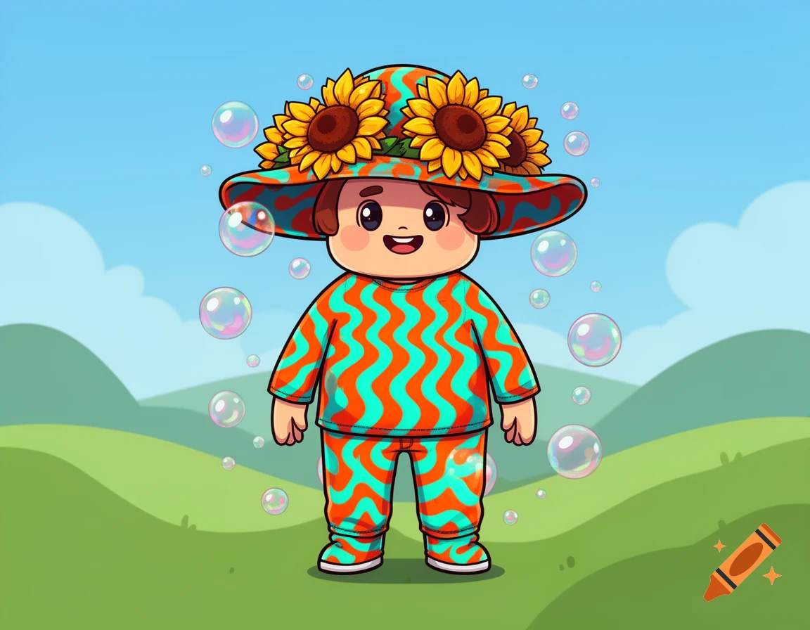 A cute cartoon character wearing a large sunflower hat and a teal and orange wavy-patterned outfit, standing in a sunny green field with floating bubbles.