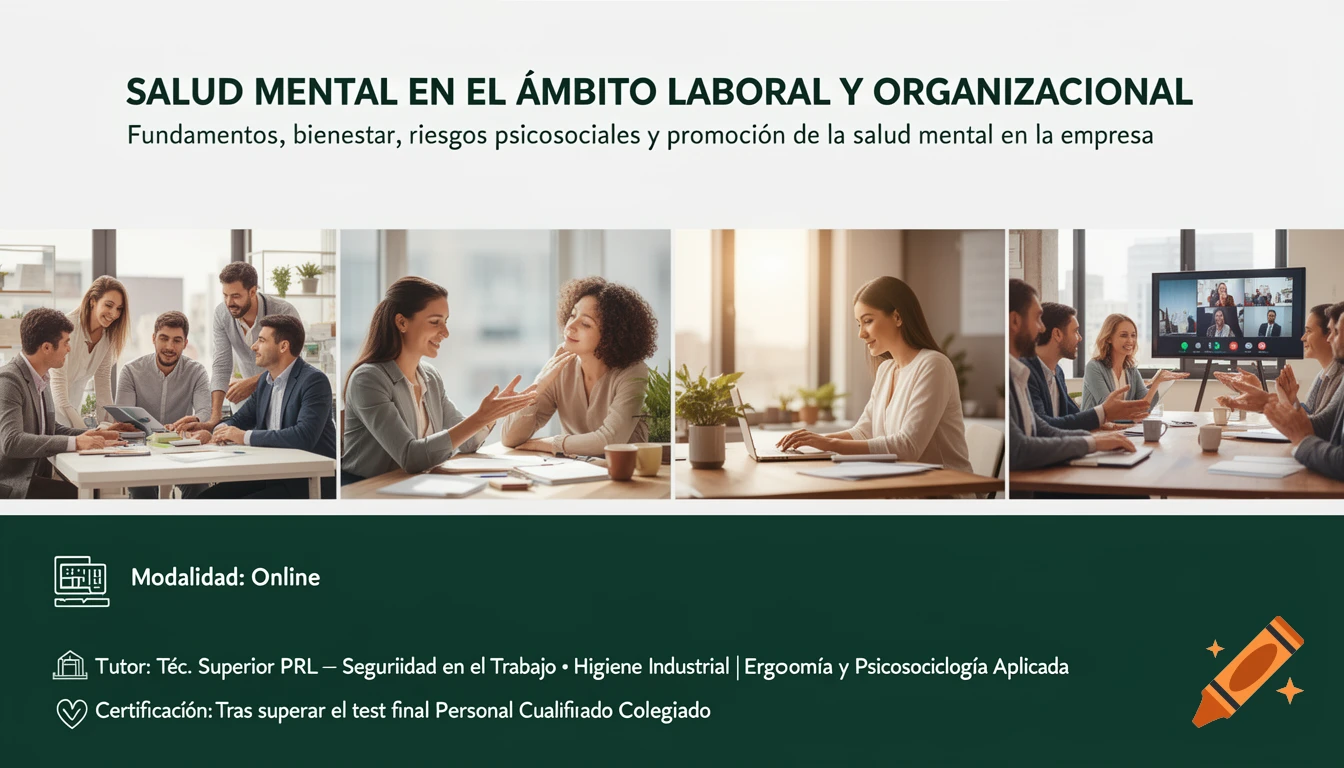 A professional banner for an online course on mental health in the workplace, with text and four images of people working and collaborating in an office.