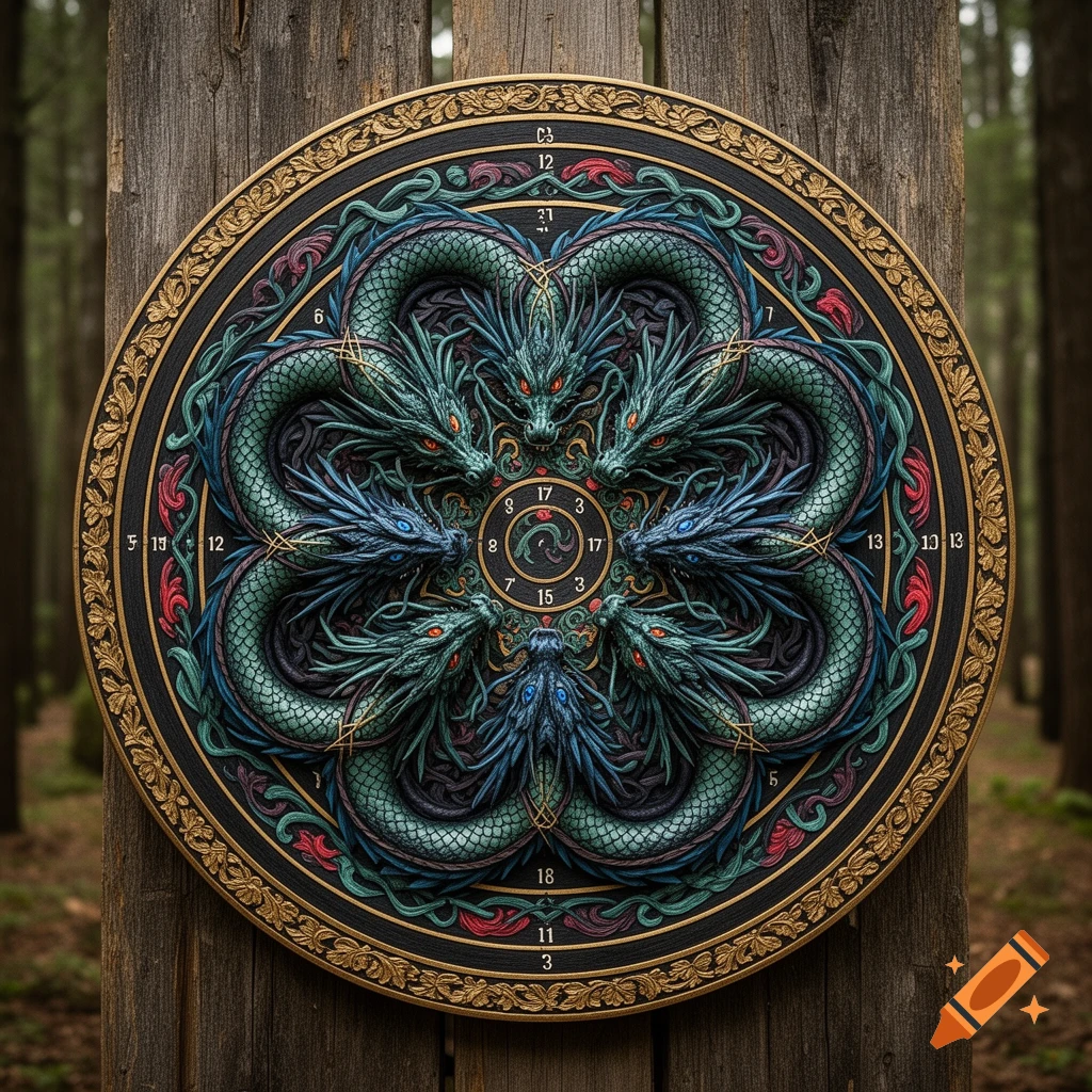 Intricate round target with dark green and blue dragons forming a mandala design, trimmed in gold, set against a blurred forest.