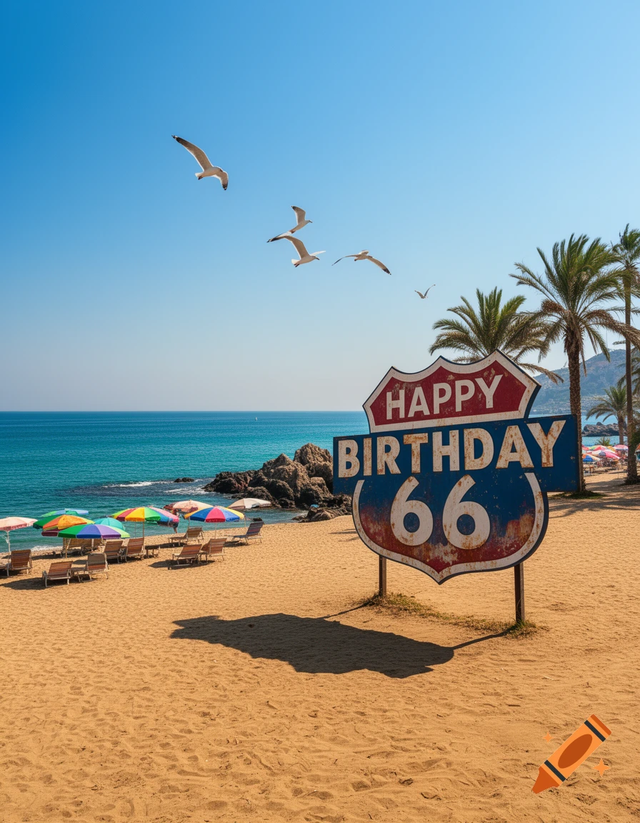 Photorealistic image of a sunny beach with colorful umbrellas, palm trees, and a 'HAPPY BIRTHDAY 66' sign in the foreground.