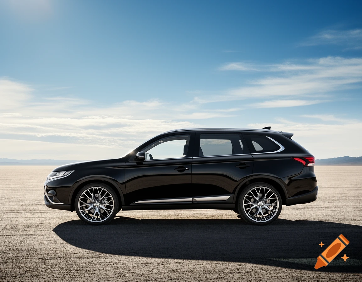 A black SUV is parked on a vast, flat, dry landscape under a bright blue sky with clouds.