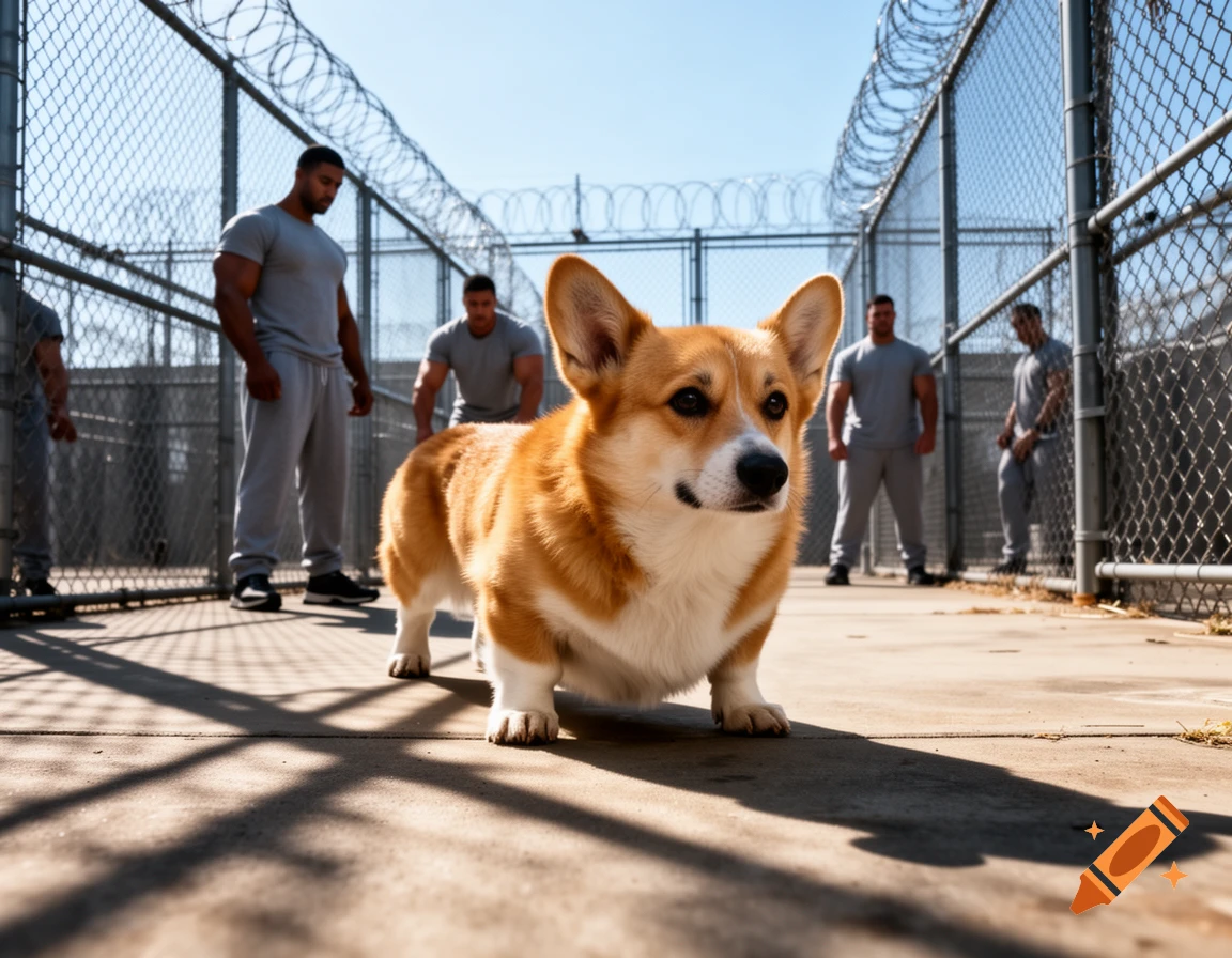 A photorealistic corgi stands in the foreground of a prison yard with chain-link fences and several men in gray uniforms in the background.