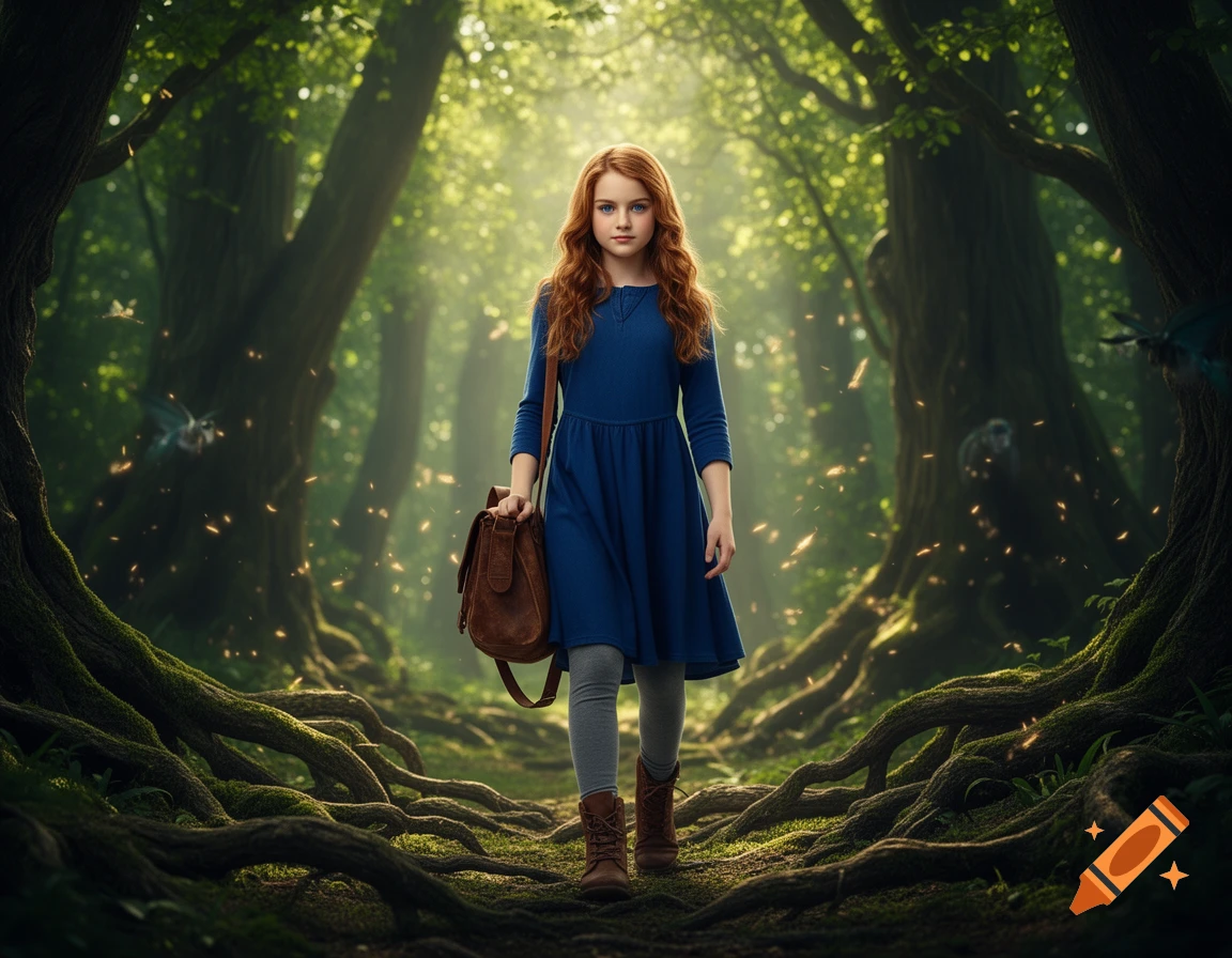 A young girl with long red hair and a blue dress walks through a sunlit, mossy forest carrying a brown satchel.