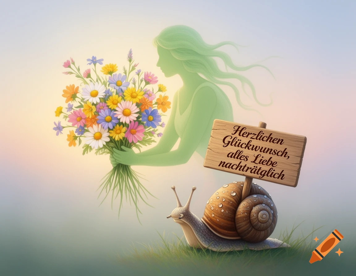 A green silhouette holding a colorful flower bouquet next to a snail carrying a sign with 'Herzlichen Glückwunsch, alles Liebe nachträglich' in a dreamy illustration.