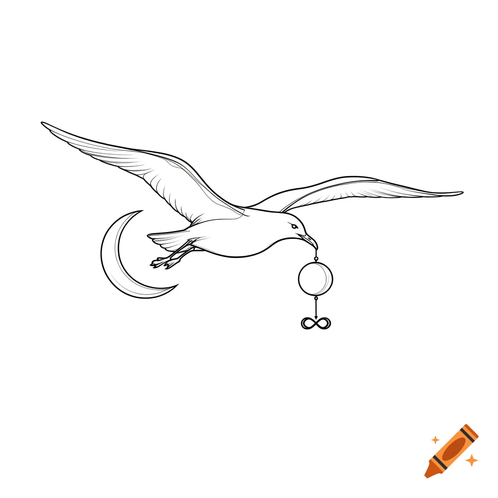 Minimalist black line art of a flying seagull holding a crescent moon in one claw and a pendulum-like object with an infinity symbol in its beak.