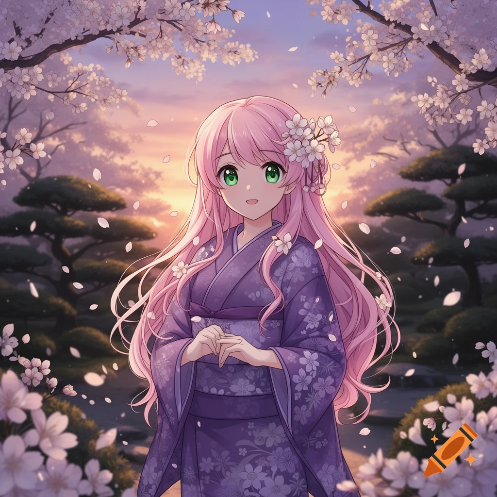 An anime girl with long pink hair and green eyes, wearing a purple kimono, stands under blooming cherry blossoms at sunset.