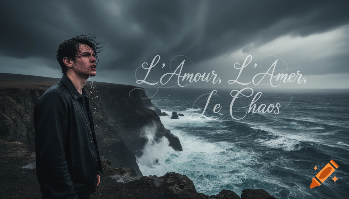A man with wet hair and face stands on a dark cliff overlooking a stormy ocean under a grey sky, with French text "L'Amour, L'Amer, Le Chaos" floating above the sea.