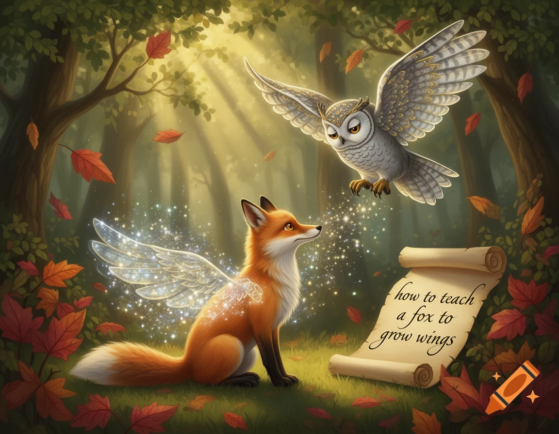 A fantastical fox with sparkling, transparent wings sits in a sunlit autumn forest, looking up at a flying owl near a scroll.