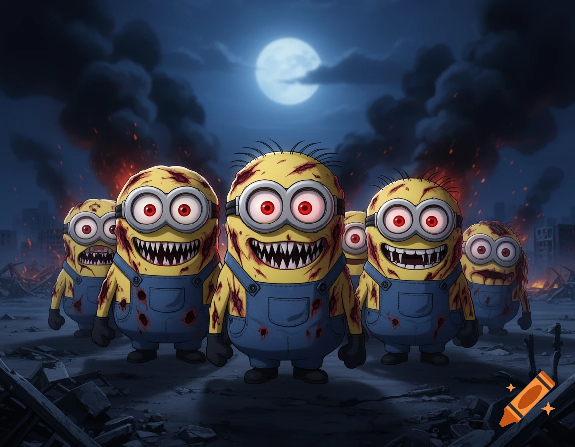 Zombie Minions with red eyes and sharp teeth in a burning, apocalyptic city under a full moon.