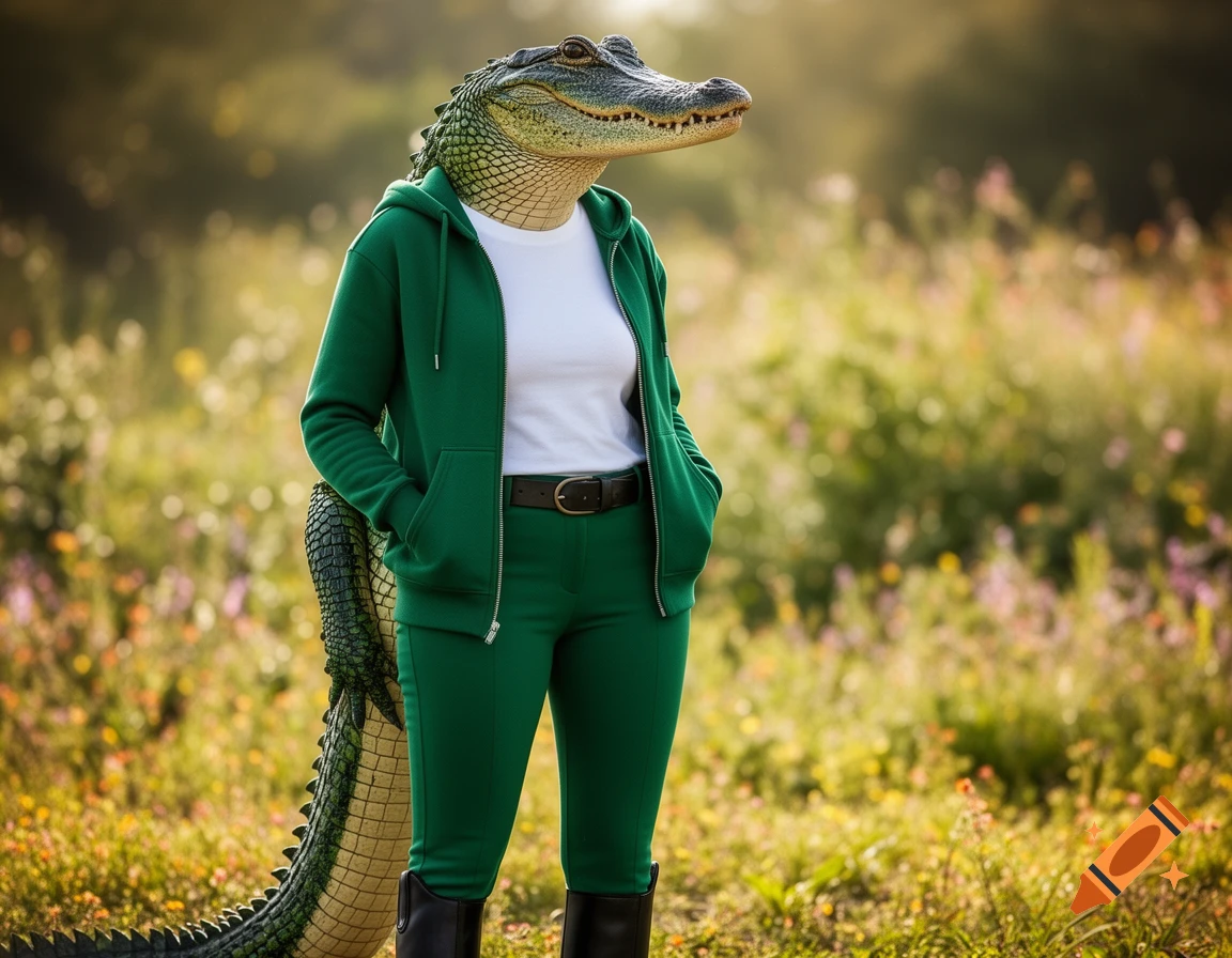 A personified crocodile wearing a green hoodie, white t-shirt, green pants, black belt, and black boots stands in a sunny field.