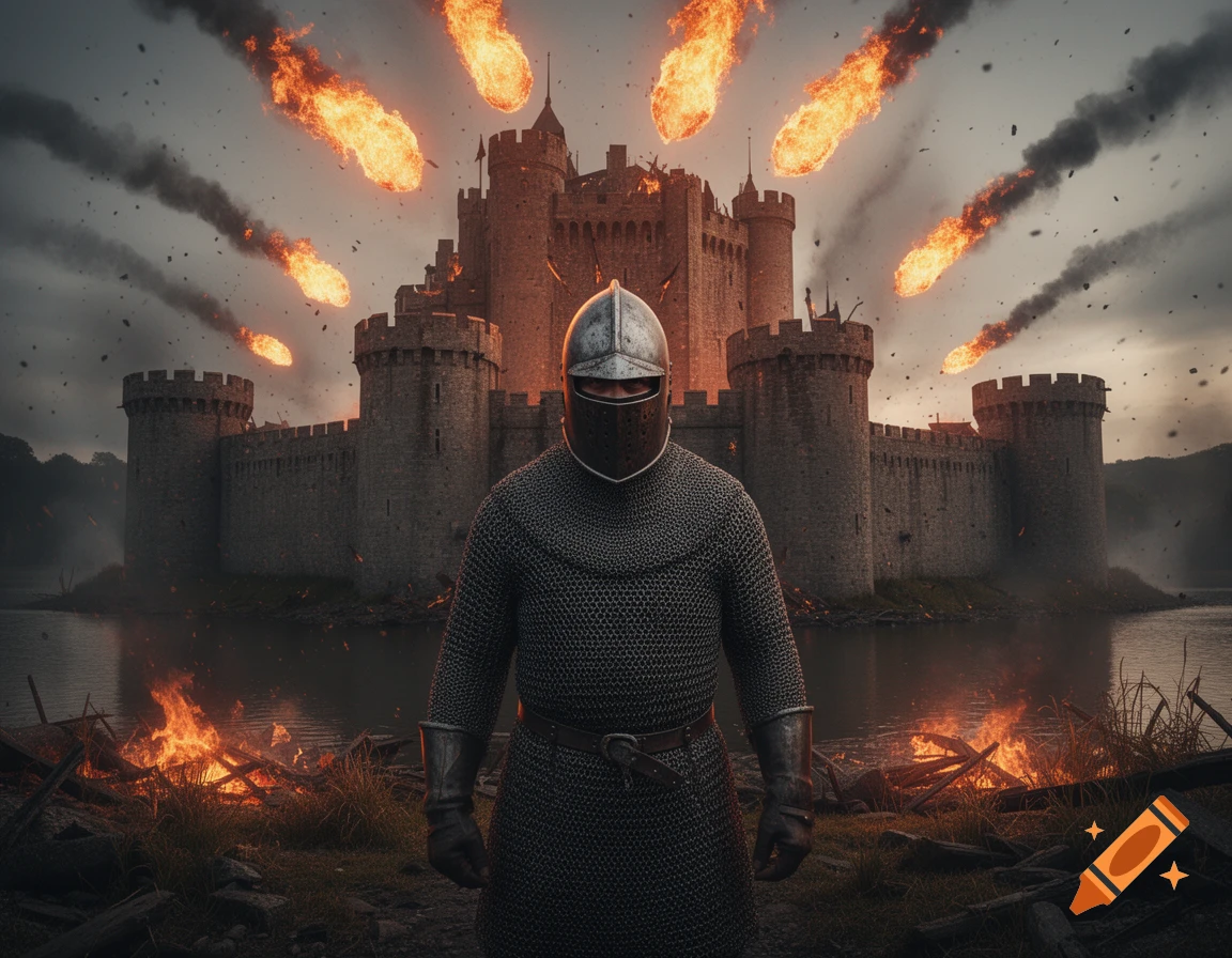 A knight in chainmail armor stands before a medieval castle under attack by multiple fireballs, with fires burning on the ground.