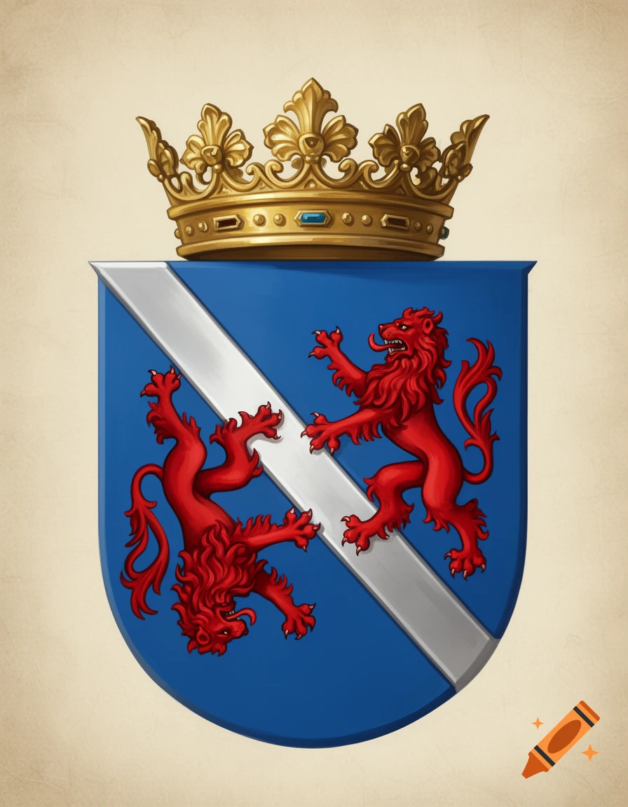 A blue shield with a silver diagonal stripe, topped by a golden crown. Two red, stylized lions, one upright and one inverted, are on the stripe.