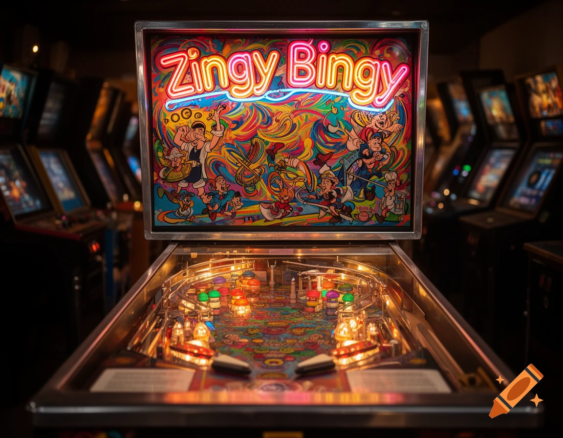 A vibrant pinball machine with "Zingy Bingy" written in neon lights on its backglass, surrounded by other arcade games in a dimly lit room.