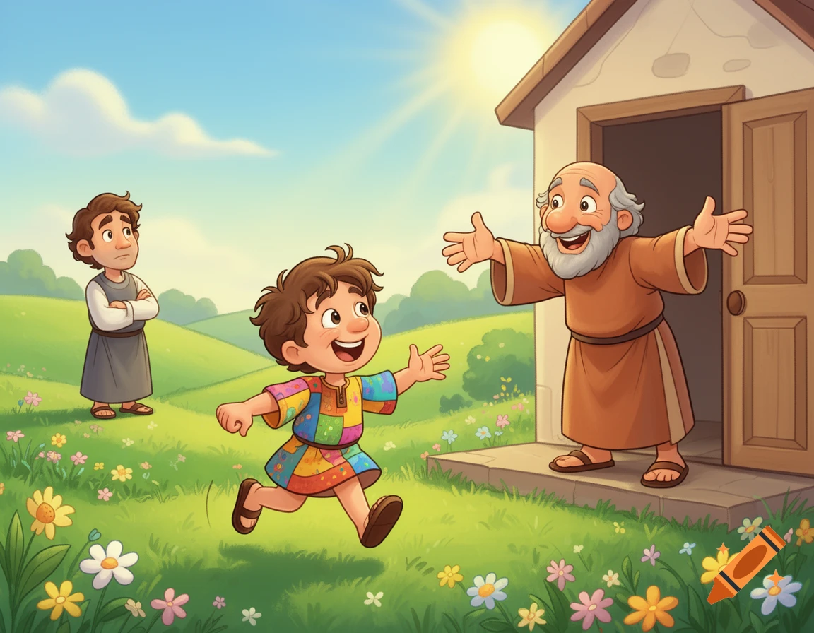 A child-friendly cartoon shows a boy in a colorful tunic running happily towards an older man with open arms, with another man looking on sadly.